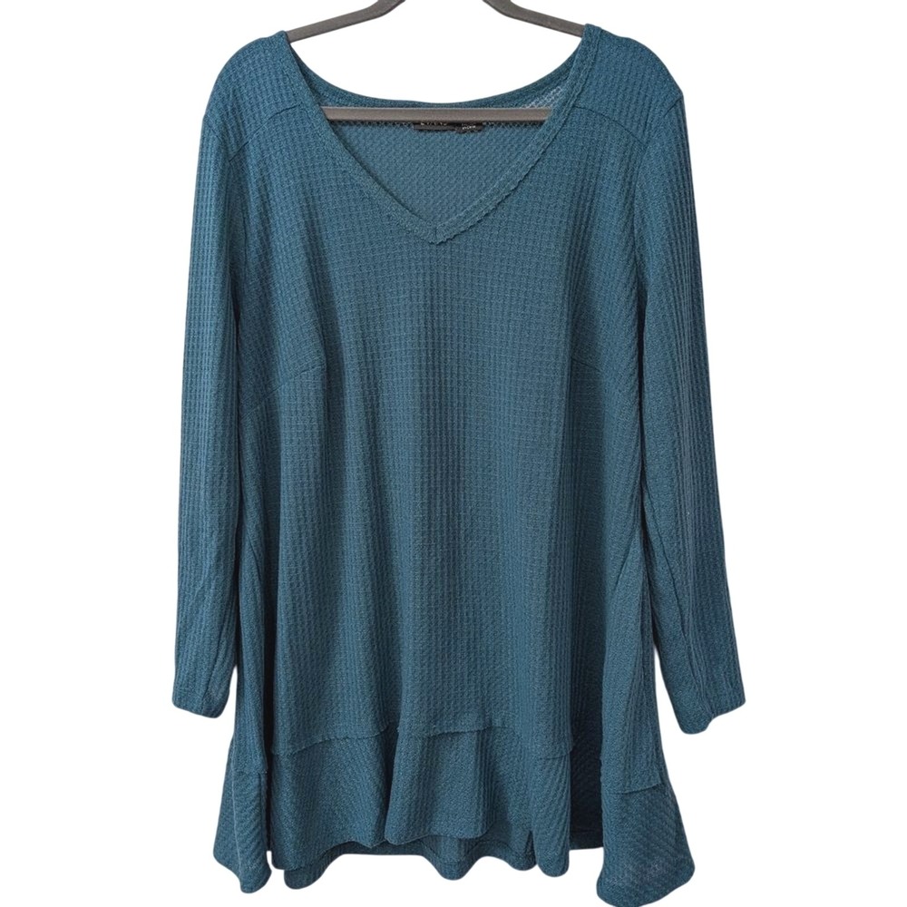 Evans Plus 18 2X Aqua‎ Teal Waffle Knit Tunic Top Shirt Long